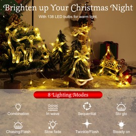 Lewondr Reindeer Bell Christmas Curtain Lights, 138 LED Christmas Tree Hanging Home Lights with 6H Timer & 8 Modes, USB Powered Fairy Lights, Xmas Decor for Home Party Indoor,Warm Light