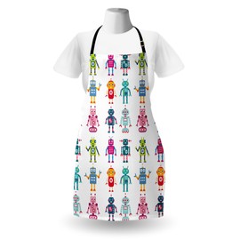 Ambesonne Nursery Apron, Colorful Cartoon Style Robot Futuristic Funny Mascots Friendly Androids, Unisex Kitchen Bib with Adjustable Neck for Cooking Gardening, Adult Size, Colorful Pastel