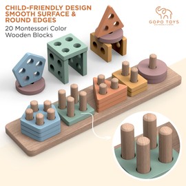 GOPO TOYS Montessori Toys for 1+ Year Old – Wooden Shape Sorter & Stacking Puzzle – Toddler Learning, Fine Motor Skills & Developmental Toy for Boys & Girls