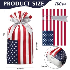 Clysee 100 Pcs American Flag Bags Bulk USA Patriotic Plastic Drawstring Bags