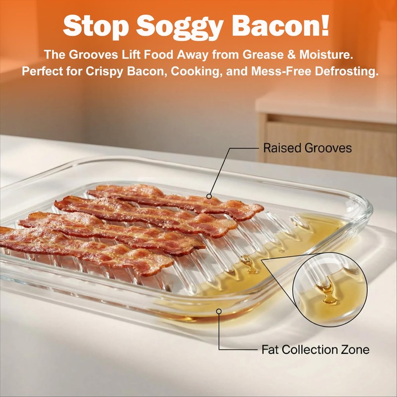 HoPliGhe Microwave Bacon Cooker Pan, Square Glass Bacon Tray for