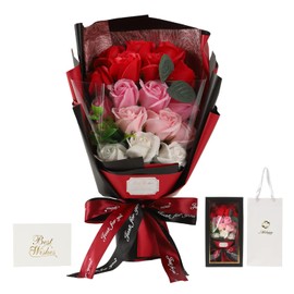 Moluppy Soap Flower Bouquet Rose Red Paper Bag Included Gradient Gift Present Female Popular Flower Mother's Day Birthday Celebration Anniversary Recital Men