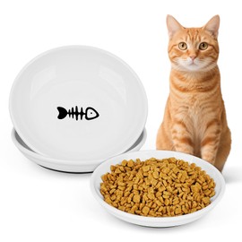 Ceramic Cat Food Bowls - 2 Pack Shallow Plates for Wet Food, Whisker-Friendly Feeding Dish with Non-Slip Silicone Base, Microwave & Dishwasher Safe for Indoor Cats & Kittens