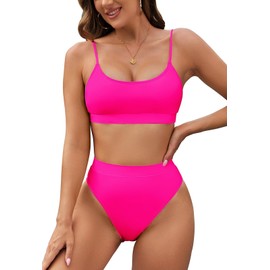 Pink Queen Women's High Waist Bikini Swimsuit Cheeky High Cut 2 Piece Bathing Suit Swimwear Rose Red M