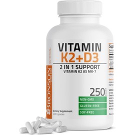 Bronson Vitamin K2 (MK7) with D3 Supplement Non-GMO Formula 5000 IU Vitamin D3 & 90 mcg K2 MK-7 Easy to Swallow D & K Complex, 250 Capsules