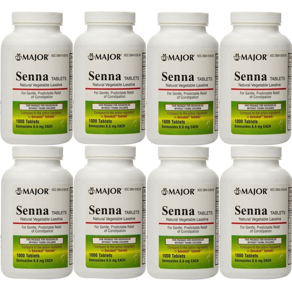 Senna 8.6 mg Generic for Senokot Natural Vegetable Laxative 1000 Tablets per Bottle Pack of 8 Bottles