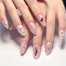 Bow Strawberry Press on Nails Medium Almond Pink Fake Nails Heart Star Rhinestone Design Glue on Nails Ombre Acrylic Nails Chrome Star Swirls Full Cover Stick on Nails for Women Girls Manicure 24Pcs