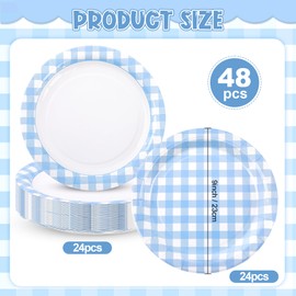 Houuqe 48pcs Blue Gingham Party Plates 9 Inch Checkered Plaid Dessert Plates Disposable Blue and White Paper Plate for Fall Picnic BBQ Birthday Summer Dinner Party Supplies