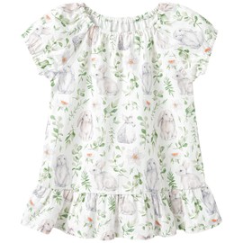 pureborn Toddler Girls Dress Easter Short Puff Sleeve Cotton Summer Playwear Dresses Sundress Bunny Leaves 4-5 Years