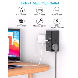 Multi Plug Outlet, Surge Protector, 5 Outlet Extender with 4 USB Charging Ports (2 USB C), USB Wall Charger, 3-Sided 1800J Power Strip Outlets Splitter Wall Plug Adapter Spaced for Home Office, Black