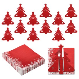Pack of 12 Cutlery Holders Christmas Red Christmas Cutlery Holder Felt with 40 Napkins Christmas Cutlery Bag Christmas Tree Cutlery Bag for Table Decoration Christmas Party