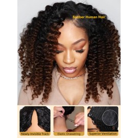 Sunber EasiContour V Part Human Hair Ombre Chestnut Brown Curly Glueless Wig Upgrade Vpart Wigs No Leave Out No Gel 180% Density V Shape Clip Wigs No Sew in Ready to Go Beginner Friendly 22Inch