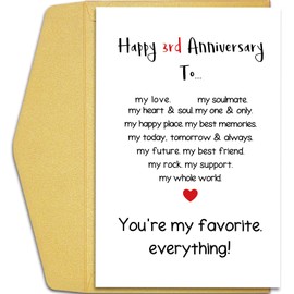 Qiliji Funny 3rd Anniversary Card for Husband Wife, Sweet 3 Year Anniversary Card for Men Women, You're My Favorite Everything