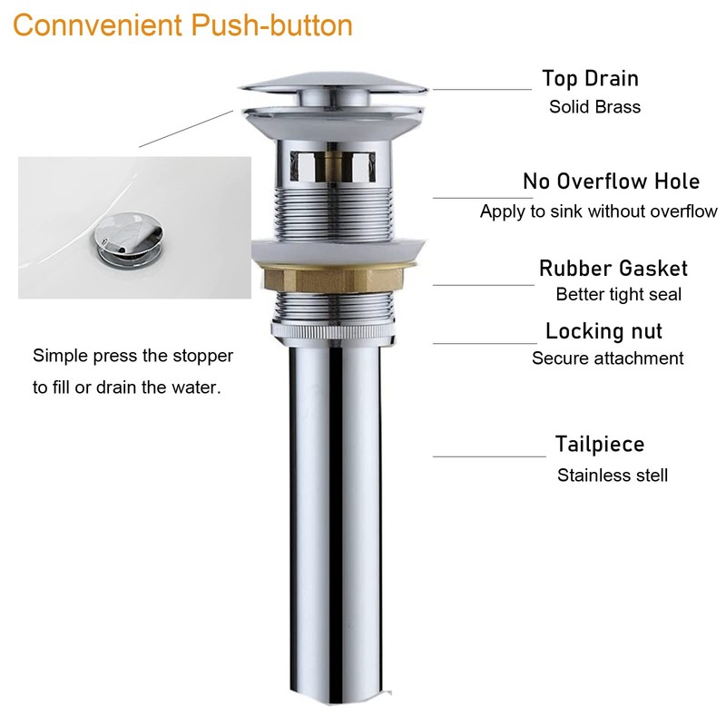 YCCUZA Pop Up Drain Stopper with Overflow Chrome Baisn Sink
