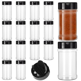 16Pcs Clear Round Plastic Spice Jars 5.5 Oz Empty Spice Bottles Reusable Travel Spice Containers with Black Shaker Lids and Heat-Induction Liner, Portable Spice Dispenser for Storing Spice Herbs