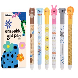 Pack of 6 Erasable Ballpoint Pens with Thermo-Sensitive Erasing Ink, Erasable Pens Paper Will Not Be Damaged Eraser Pen Blue 0.5 mm Tip Rabbit, Koala, Elephant, Bear, Lion, Chick