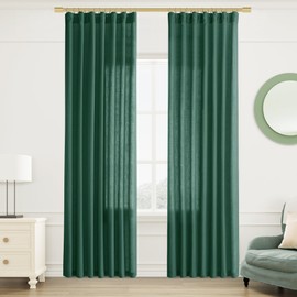 Joywell Emerald Green Linen Semi Sheer Curtains 84 Inches Length Light Filtering Neutral Farmhouse Boho Rod Pocket Back Tab Hook Belt Clip Rings Window Drapes for Bedroom Living Room 2 Panels 52x84