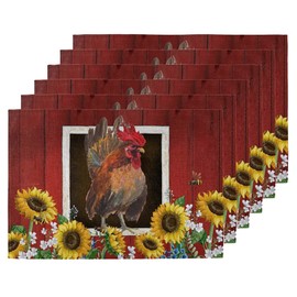 Watercolor Red Barn Placemat Set of 6, Rooster and Sunflowers Heart Heat-Resistant Washable Table Place Mats for Kitchen Dining Table Decoration