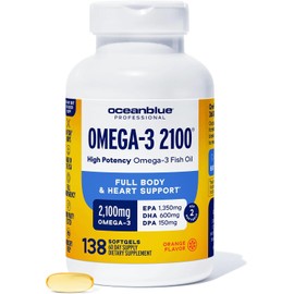Ocean Blue Omega 3 2100-138 ct - Bonus Bottle 15% More Free - 2100 MGS of DHA EPA DPA per serv - Heart Eye Brain Support - No Fishy Aftertaste - 88% Fish Oil Concentration - Natural Orange Flavor