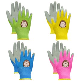 BORISCA 4 Pairs in 4 Colours Thickened Latex Protection Garden Gloves Children, Cute Hedgehog Children's Gloves Garden Wear Resistant and Non-Slip Work Gloves Garden Children for 3-5 Years Old