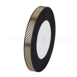 JP Ribbons 3/8 Black Satin Single Face Ribbon Golden Stripe-24.6 yds (22.5m/roll)
