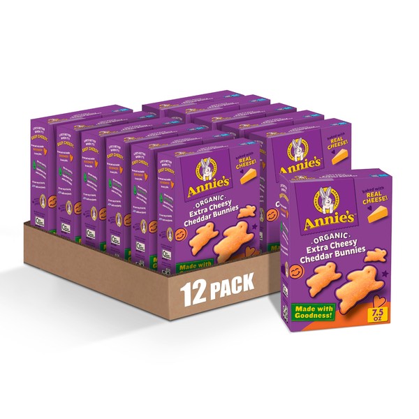Annie's Organic Cheddar Bunnies Snack Crackers, Extra Cheesy, Baked With Real Cheese, 7.5 oz. (Pack of 12)