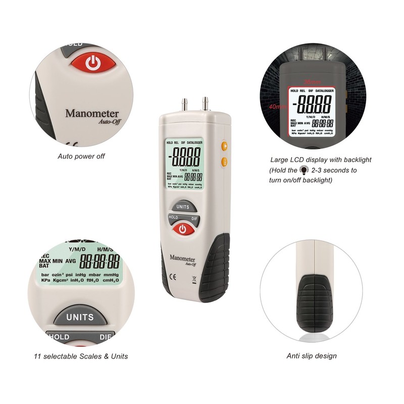 Hti-Xintai Digital Manometer, Dual Port Air Pressure Meter Pressure Gauge