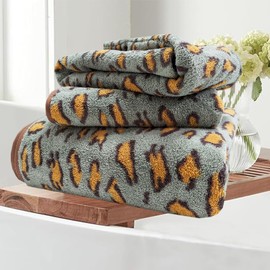 ABREEZE Leopard Print Bath Towel Set of 3 - Super Soft Coral Fleece Bath Towel, Hand Towel & Hair Wrap | Quick Dry, Highly Absorbent, Luxurious Spa & Bathroom Decor Green