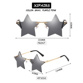 CYNOSURETECH Pack of 2 Star Shaped Sunglasses, Rimless Sunglasses, Fashionable and Funny Sunglasses, Novel Sunglasses, Unisex Sunglasses (Grey, Purple-Pink)