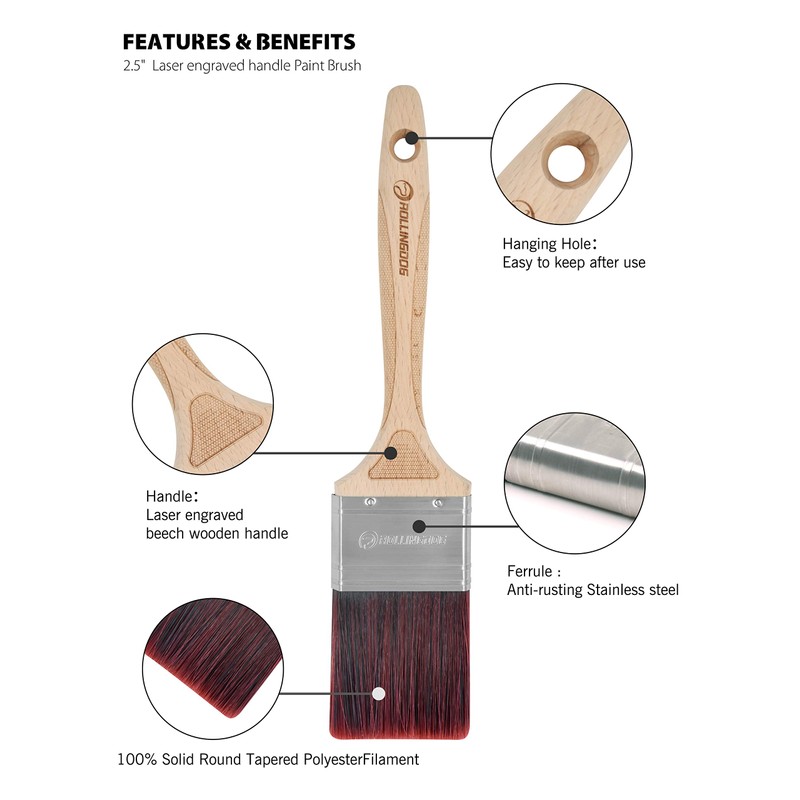 ROLLINGDOG 2.5" Paint Brush with Laser engraved Beechwood handle and