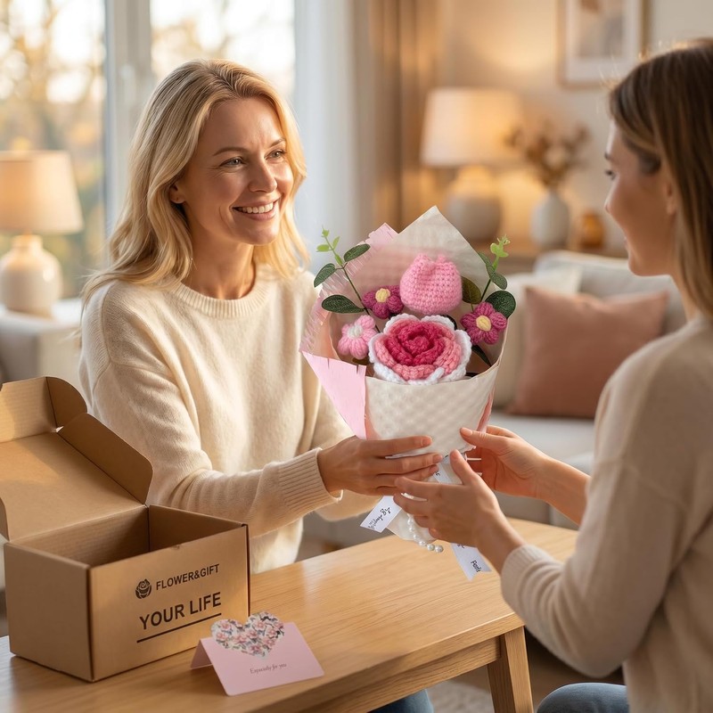 Pink Crochet Flower Bouquet with Card
