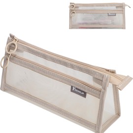 Risipu Clear Pencil Case for Exams Transparent Mesh Pencil Case Double-Layer Pencil Bag Durable Metal Zipper Triangular Design Pen Case for School Office Travel (Light Coffee)