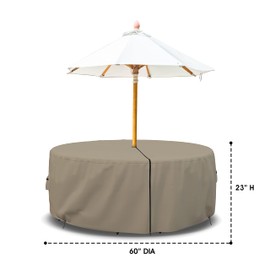 Covers & All Patio Round Table and Chair Set Cover with Umbrella Hole - Heavyduty 12 Oz Waterproof Outdoor Backyard Furniture Cover with Air Pocket & Drawstring for Snug fit. (60" Dia x 23" H, Beige)