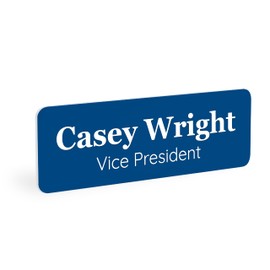 ExcelMark Custom Name Tag - Engraved Name Badge with Pin or Magnetic Backing, 16 Colors, 6 Fonts, and 2 Sizes to Choose From (Blue w/White Letters, 1" x 3")