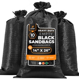 Heavy Duty Woven Polypropylene Sand Bags for Flooding -14" x 26" 100 lb Weight Limit - Military Grade Reusable Refillable Sand Bag for Hurricane Flood Protection - Empty Sandbags, Black, Bundle of 10