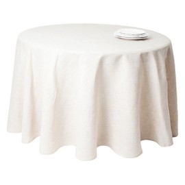 SARO LIFESTYLE Poly and Linen Blend Toscana Tablecloth with No Hemstitch Border, Natural, 132"
