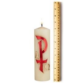 Chi Rho Alpha and Omega Pillar Candle for Christening, Holy Week, and Baptisms, Hand Decorated Catholic Candles Altar Decor for Church, 8 Inches