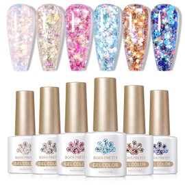 Born Pretty Glitter Sequins Gel Nail Polish, Sparkle Shiny Gel Polish, Pink Blue Gold Platinum Holiday Gift Gel Polish Design, Nail Art Starter Manicure Salon DIY at Home 7ML 6PCS