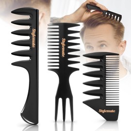 3Pcs Hair Styling Combs Set For Men - Black Barber Wide Tooth Texture Comb For Quiff, Pompadour, Slicked-back, Fauxhawk, Undercut