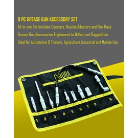 Grease Gun Accessory Set 9 Piece, Grease Coupler Kit and Grease Gun Attachments Kit, Lube Gun Accessory Kit All-in-One Set Includes Couplers Nozzles Adapters and Flex Hose