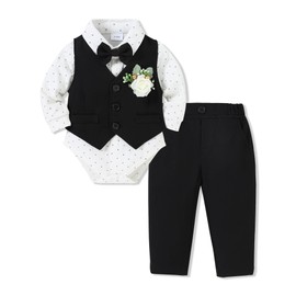 SANMIO Baby Boy Clothes Suits Infant Gentleman Outfit Collared Dress Shirt+Vest+Tie+Corsage+Pants 5Pcs Baby Suit Sets Black