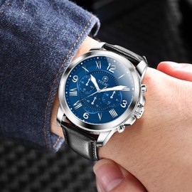 Taxau Mens Watch Black Blue Chronograph Waterproof Man Watch Leather Watch for Men Minimalist Watch for Men Heavy Duty Watches for Men