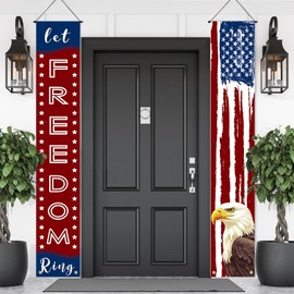 Large 4th of July Door Banner Porch Signs Decoration Patriotic Memorial Day Independence Day Front Door Wreath Welcome Banner Hanging Yard Sign Bunting Background for Indoor/Outdoor Holiday Party