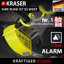 KRASER KR6Y Brake Disc Lock with Alarm 110 dB, Reinforced, Waterproof, Memory Cable, Transport Bag, Accessories, Motorcycle Lock, Universal Vespa E-bike, Motorcycle Lock, Bicycle Lock