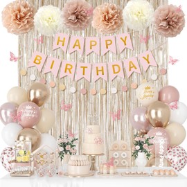 Boho Dusty Pink Birthday Decorations for Women Girls, Blush Beige Gold Metallic Printed Balloons Butterfly Stickers Fringe Curtain Happy Birthday Banner Circle Dots Garland Paper Pompom Party Supplies