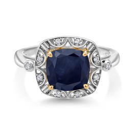 Gem Stone King 925 Sterling Silver and 10K Yellow Gold Blue Sapphire and White Lab Grown Diamond Engagement Ring For Women (2.89 Cttw, Cushion Cut 8MM, Available 5,6,7,8,9) (Size 7)