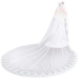 EllieHouse Women's 2 Tier Royal Length Lace White Wedding Bridal Veil With Comb L01WT