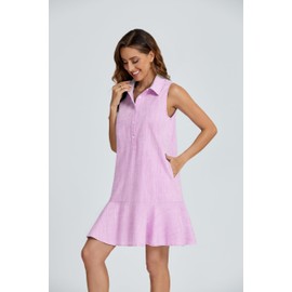 YEXPINE Womens Summer Casual Sleeveless V Neck Button Up Dress Fashion Ruffle Hem Babydoll Flowy Tiered Beach Midi Dress Pink