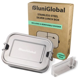 FLUNIGLOBAL Stainless Steel Lunch Box for Adults | 40 oz | Leak Proof with Silicone Locks | Eco-friendly Metal Lunch Box Container for Travel | Removable Divider | Silver