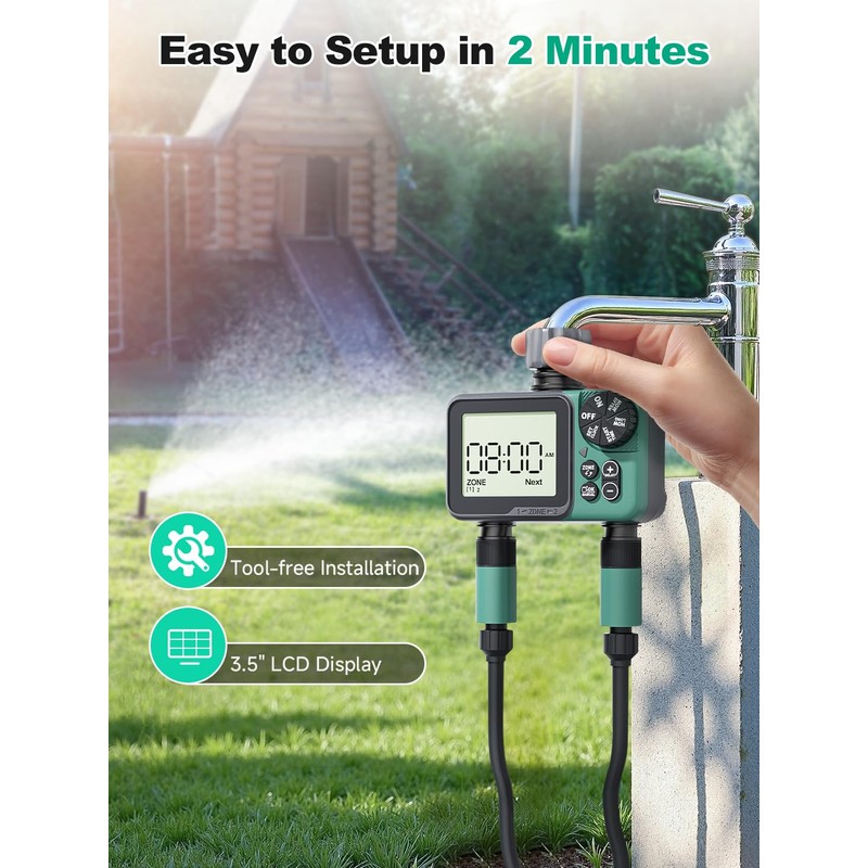 Sprinkler Timer, 2 Zone Water Timer with Rain Delay/Manual Watering/Automatic